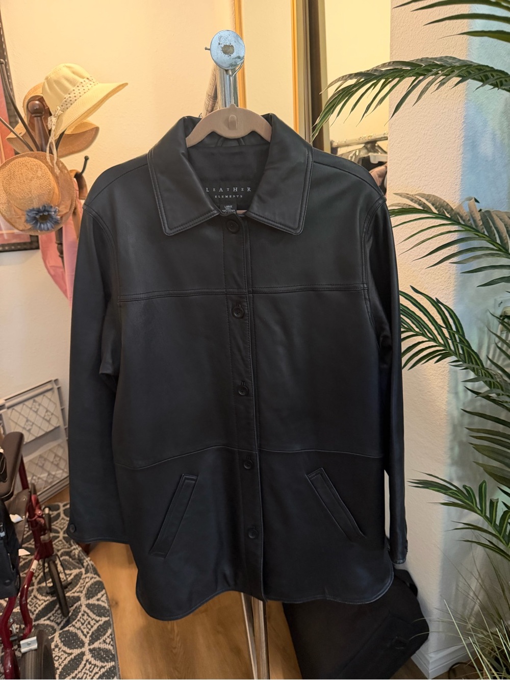 Women’s Black Leather Button-Front Jacket